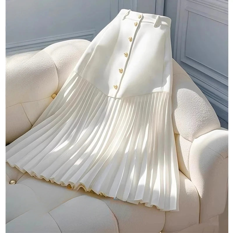 White Skirt Elegant High Waist Slim Pleated - Office
