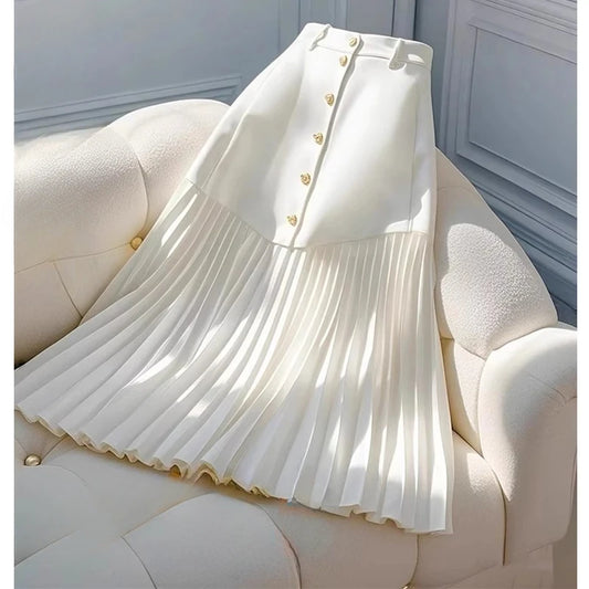 White Skirt Elegant High Waist Slim Pleated - Office