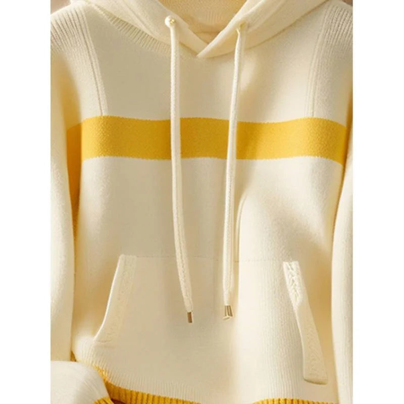 Women Sweater Hooded Knitwear Tops Ladies Pullover Yellow-white Stitching