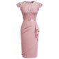 Elegant Floral Lace Ruffle Cap Sleeve Knee Length Dress