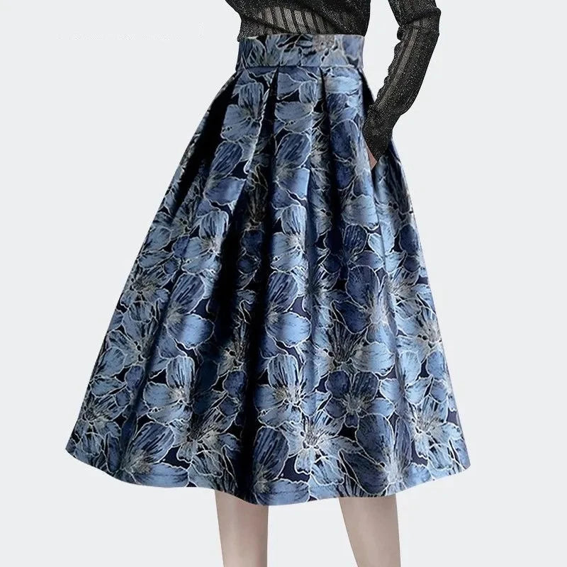 Blue Floral Print Vintage High Waist long skirt