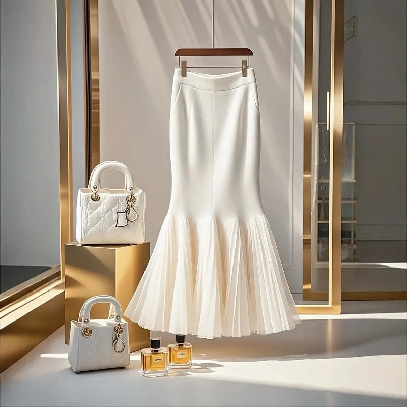 High Waist White Spliced Half Skirt