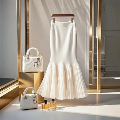 High Waist White Spliced Half Skirt