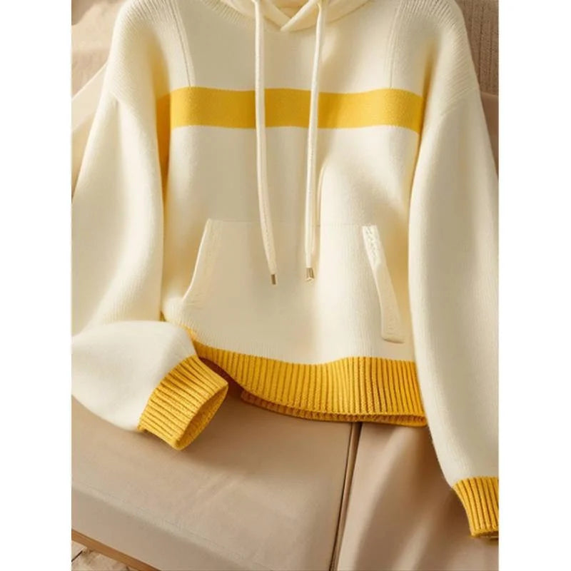 Women Sweater Hooded Knitwear Tops Ladies Pullover Yellow-white Stitching