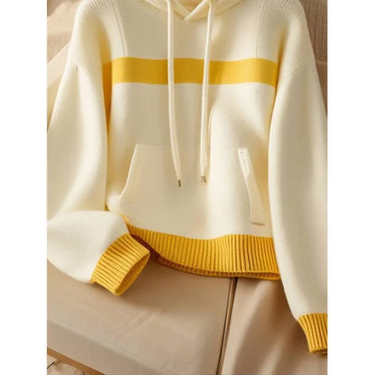 Women Sweater Hooded Knitwear Tops Ladies Pullover Yellow-white Stitching