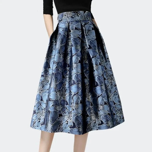 Blue Floral Print Vintage High Waist long skirt