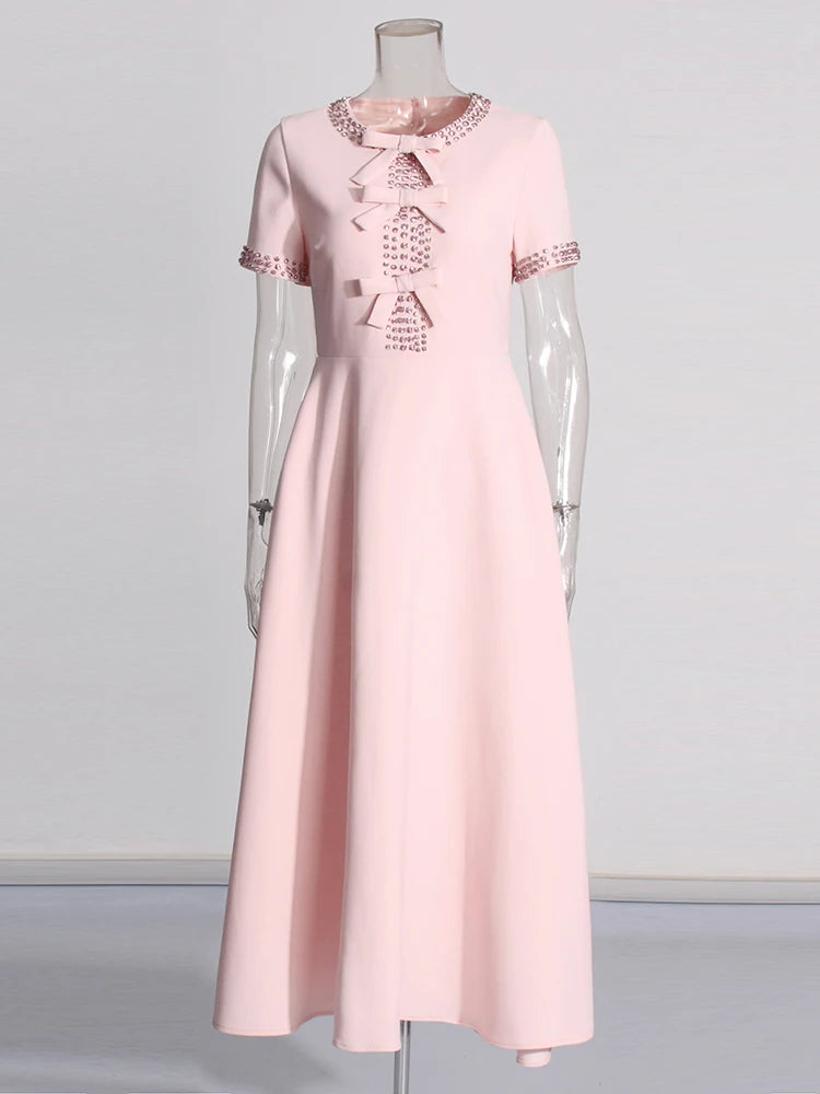 Patchwork Bowknot Elegant Chic Dresses For Women Round Neck Short Sleeve High Waist Spliced Diamonds Slim Dress Female