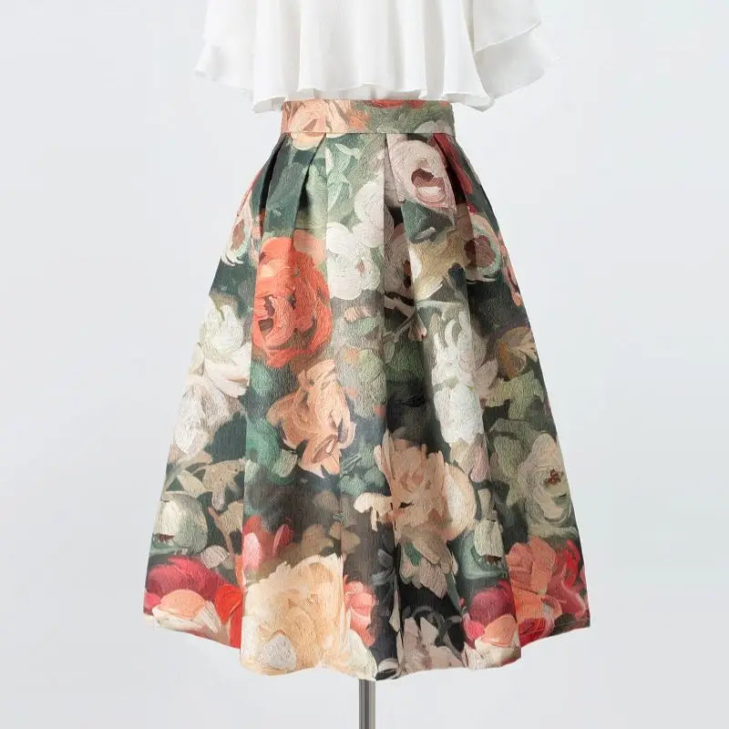 Floral Vintage Painting Chic High Waist Ball long skirt