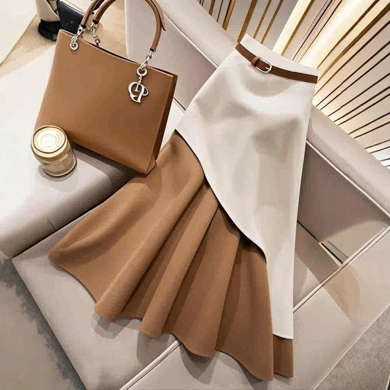 Casual Brown White Patchwork Skirt