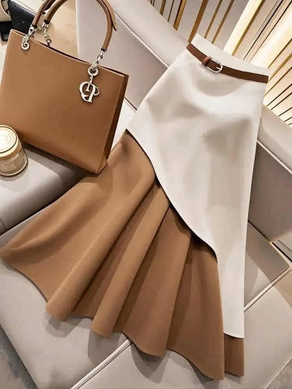 Casual Brown White Patchwork Skirt