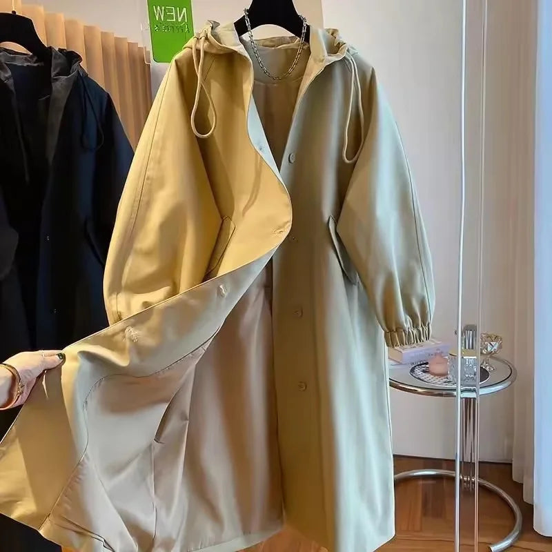 Vintage Long Trench Coat Casual Jacket Hood Drawstring Oversized Windbreaker
