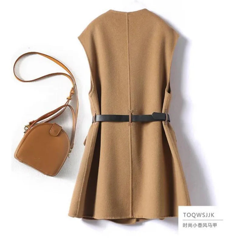 Casual Sleeveless Wool Coat Female Outerwear Tops With Belt