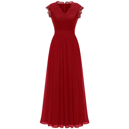 V Neck Sleeveless Lace Patchwork Chiffon Wedding Long Dress