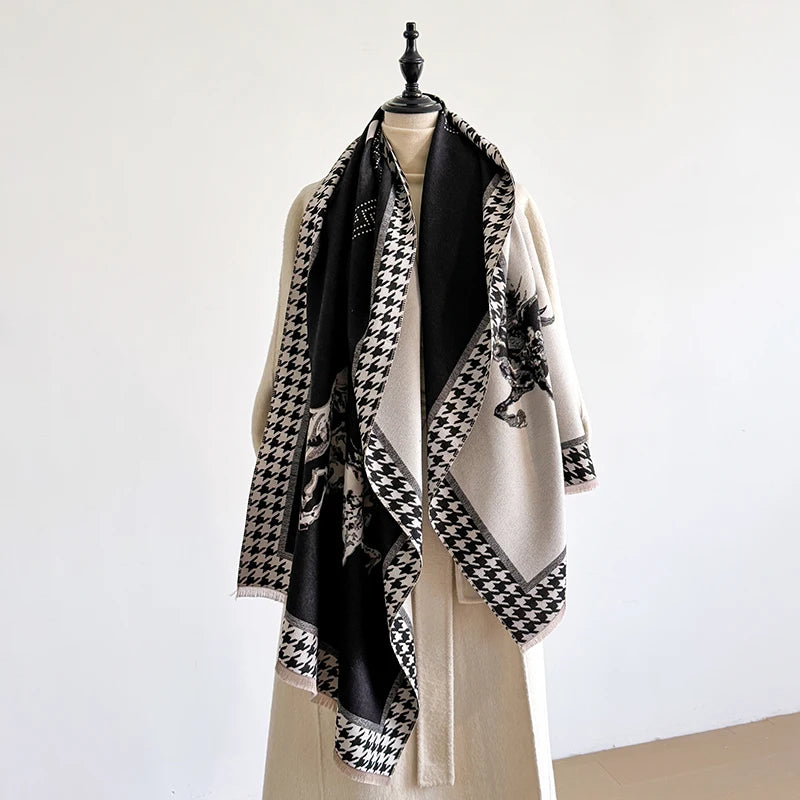 Luxury Women's Winter Cashmere Scarf - Horse Printed Tasseled Pashmina Shawl Wrap, Bandana & Poncho