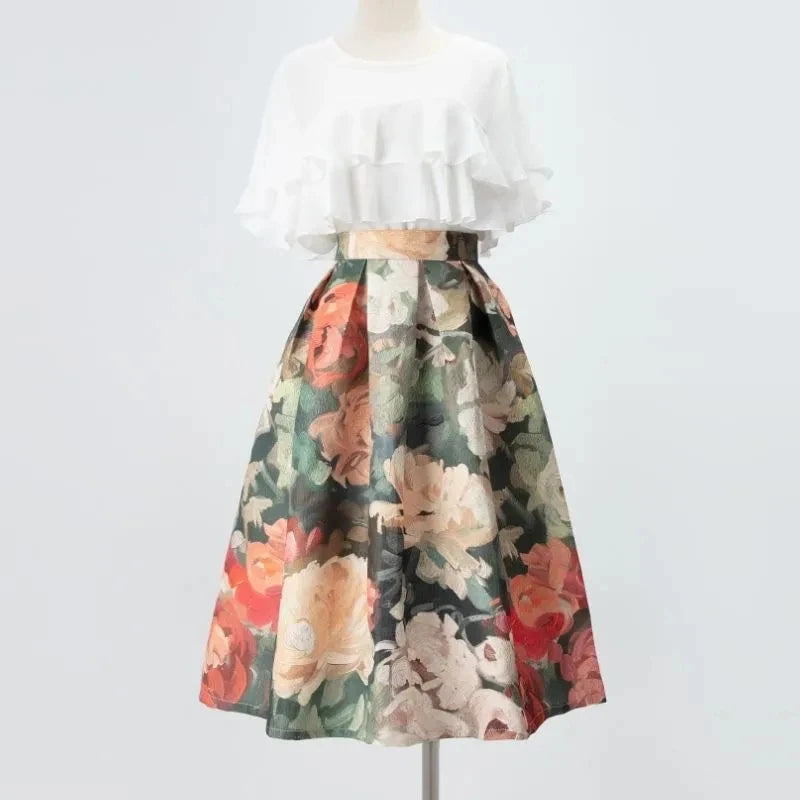 Floral Vintage Painting Chic High Waist Ball long skirt