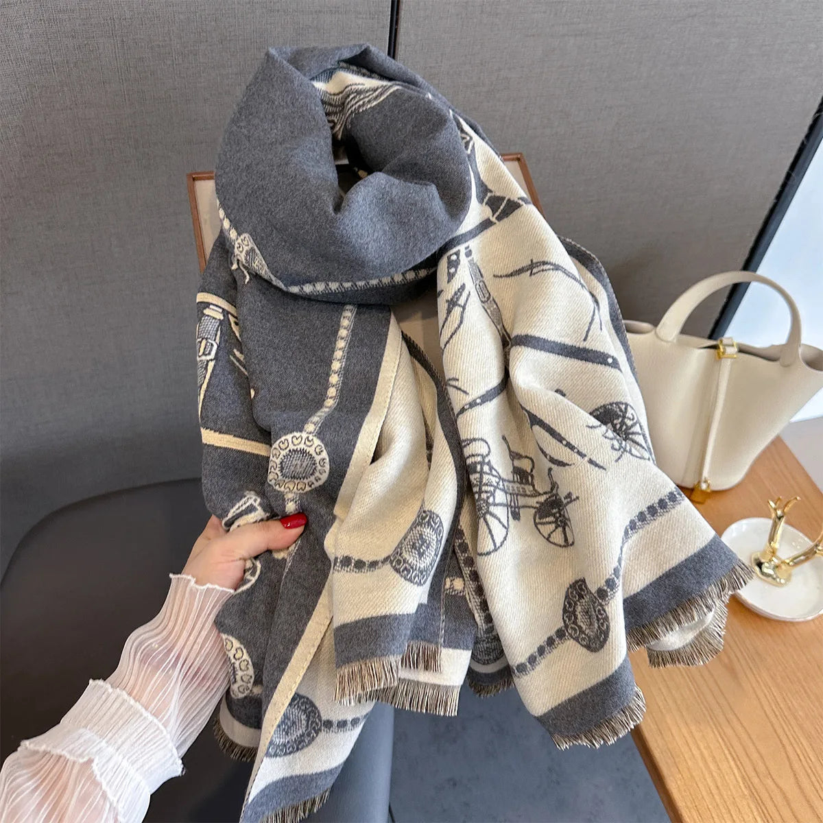 Pashmina Elegant Horse Print Shawl Wrap Women Luxury Cashmere Scarf Femme Thick Warm Blanket Stoles Long Blanket