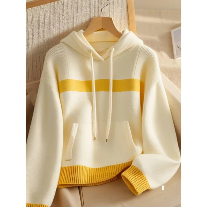 Women Sweater Hooded Knitwear Tops Ladies Pullover Yellow-white Stitching
