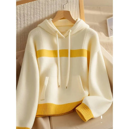Women Sweater Hooded Knitwear Tops Ladies Pullover Yellow-white Stitching