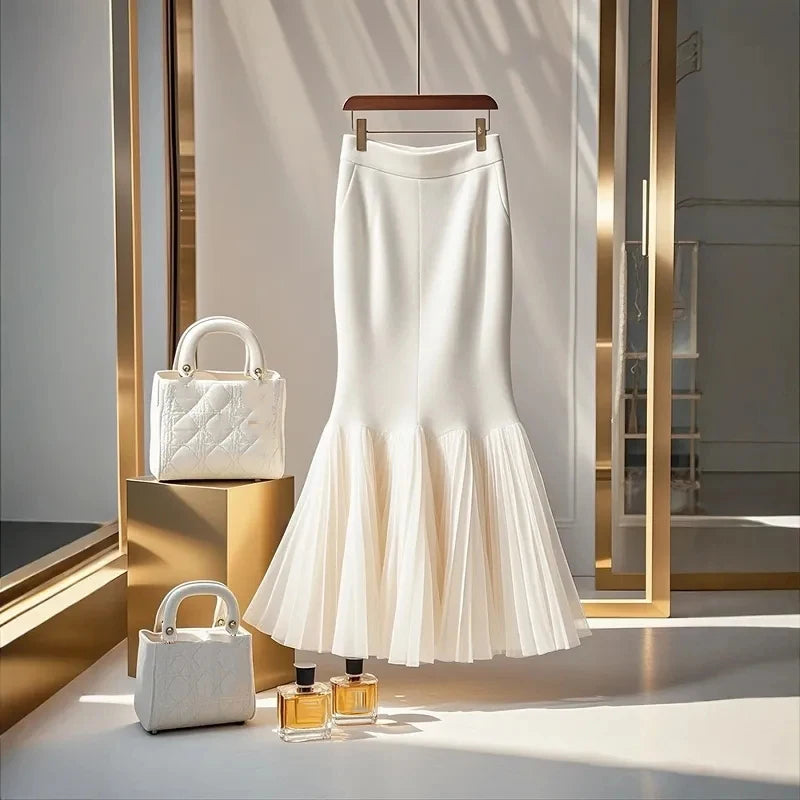 High Waist White Spliced Half Skirt