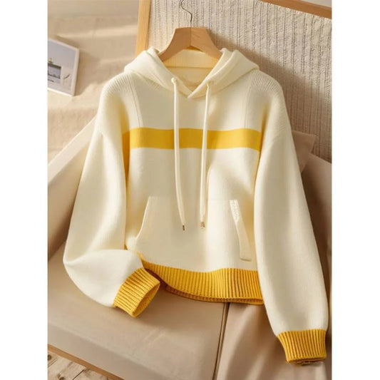 Women Sweater Hooded Knitwear Tops Ladies Pullover Yellow-white Stitching