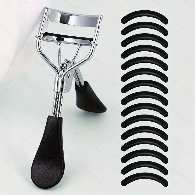 Portable Eyelash Curler with 15 Silicone Pads and Stainless Steel Eyelash Curler