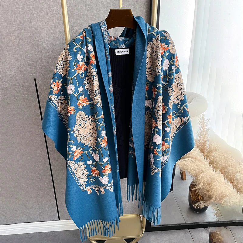 Warm Cashmere Scarf for Women Embroidery Pashmina Blanket Thick Shawl Wrap Neckerchief Bufanda Echarpe Poncho