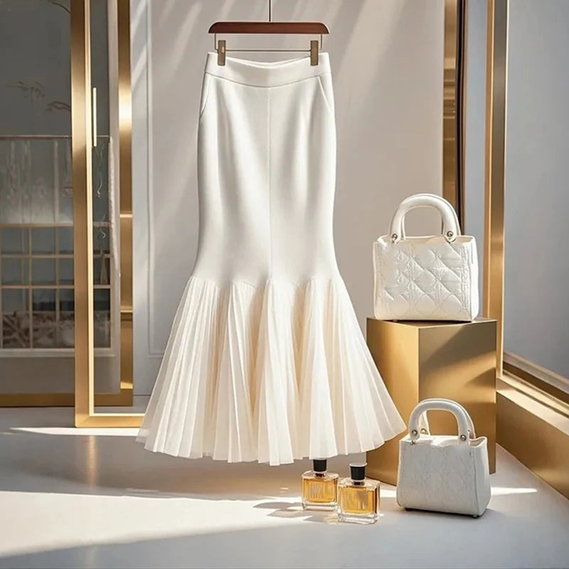 High Waist White Spliced Half Skirt