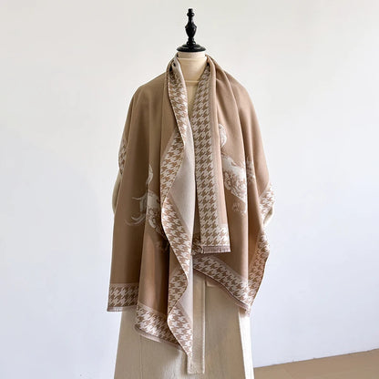 Luxury Women's Winter Cashmere Scarf - Horse Printed Tasseled Pashmina Shawl Wrap, Bandana & Poncho
