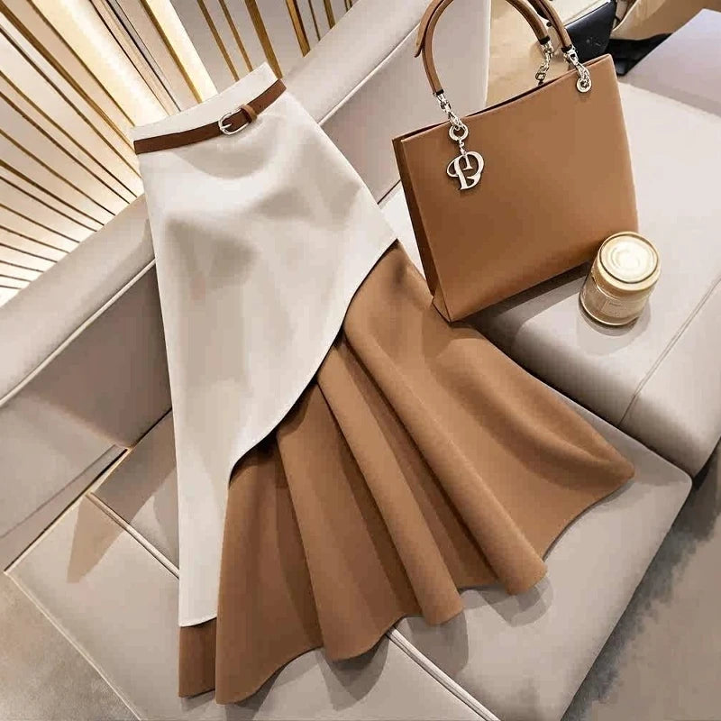 Casual Brown White Patchwork Skirt