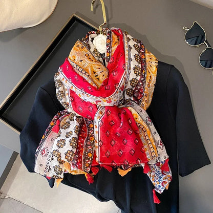 Viscose Cotton Scarf Aztec Paisley Floral Shawl Wraps Lady Thin Scarves Fashion Tassel