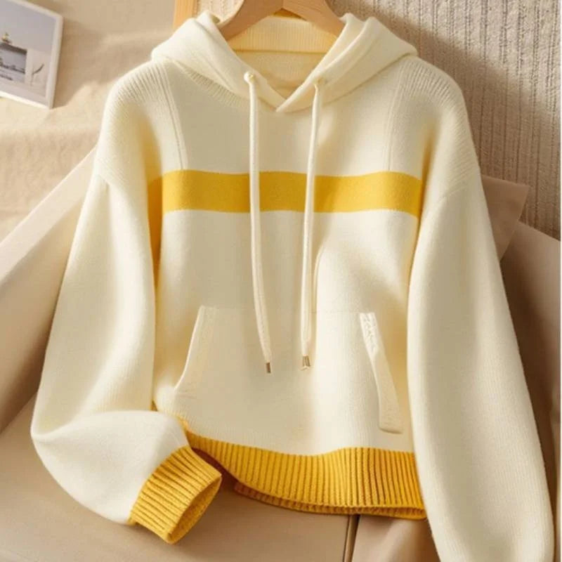 Women Sweater Hooded Knitwear Tops Ladies Pullover Yellow-white Stitching