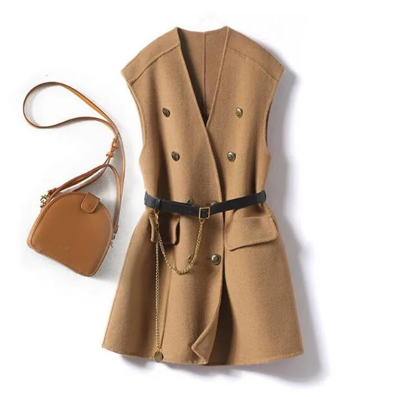 Casual Sleeveless Wool Coat Female Outerwear Tops With Belt