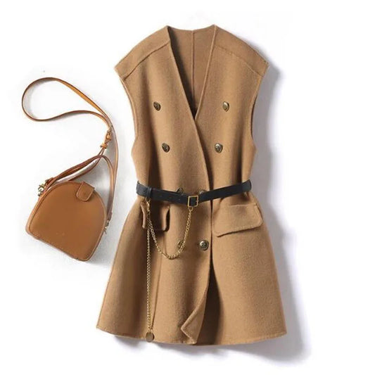 Casual Sleeveless Wool Coat Female Outerwear Tops With Belt