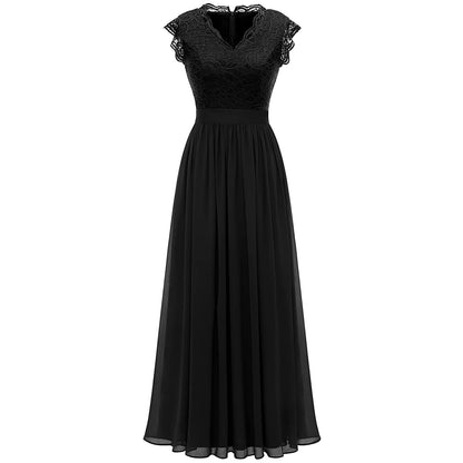 V Neck Sleeveless Lace Patchwork Chiffon Wedding Long Dress