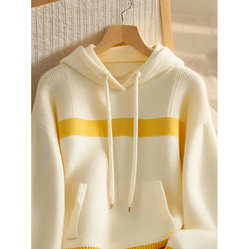 Women Sweater Hooded Knitwear Tops Ladies Pullover Yellow-white Stitching
