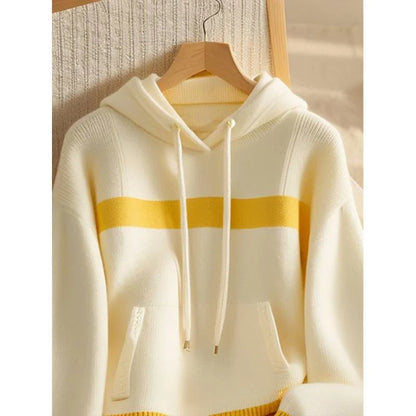 Women Sweater Hooded Knitwear Tops Ladies Pullover Yellow-white Stitching