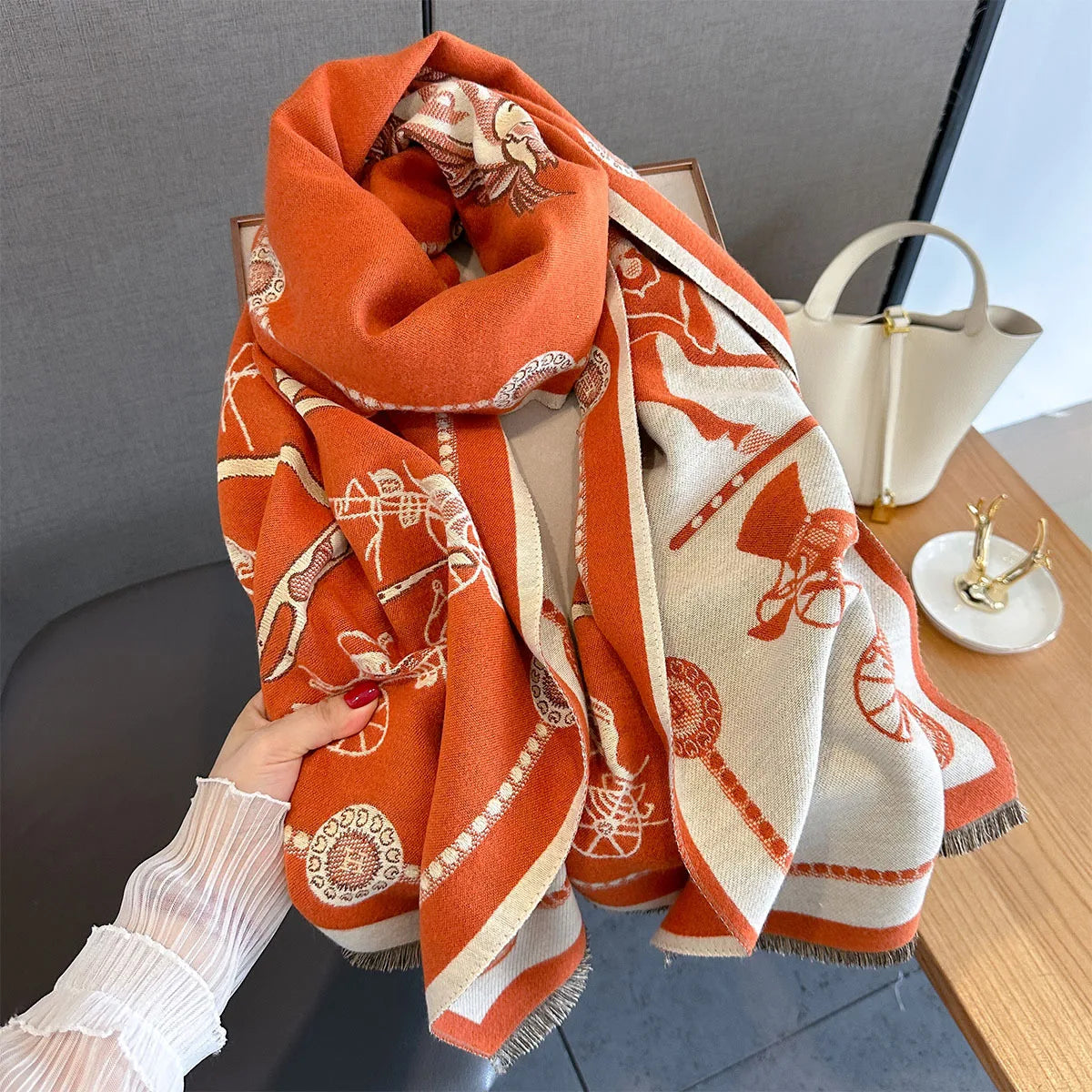 Pashmina Elegant Horse Print Shawl Wrap Women Luxury Cashmere Scarf Femme Thick Warm Blanket Stoles Long Blanket