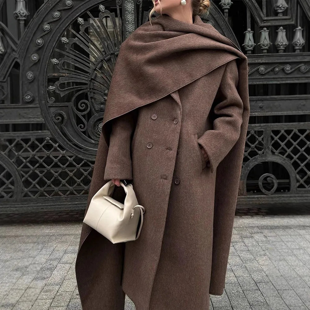 Vintage Brown Scarf Collar Women's Overcoat With Belt