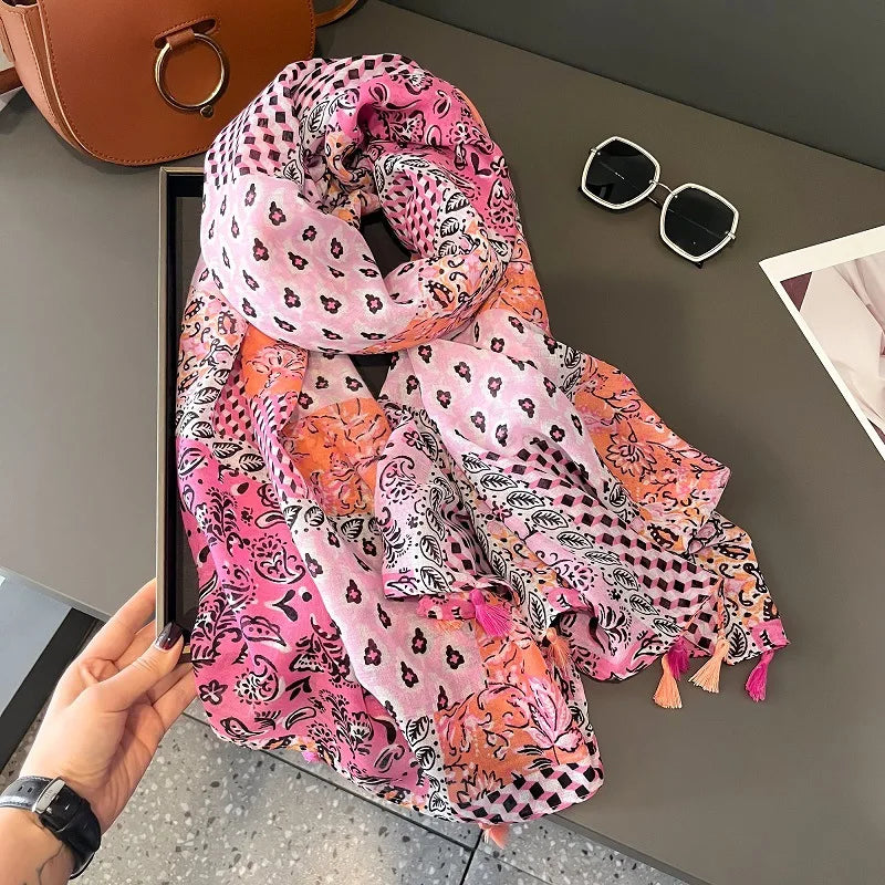Viscose Cotton Scarf Aztec Paisley Floral Shawl Wraps Lady Thin Scarves Fashion Tassel