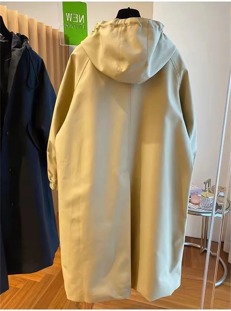 Vintage Long Trench Coat Casual Jacket Hood Drawstring Oversized Windbreaker