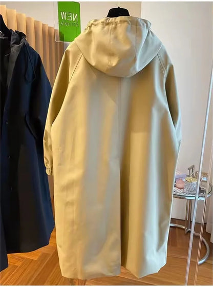 Vintage Long Trench Coat Casual Jacket Hood Drawstring Oversized Windbreaker