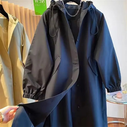 Vintage Long Trench Coat Casual Jacket Hood Drawstring Oversized Windbreaker