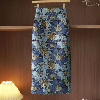 Retro Style Gold Silk Blue Flower Skirt