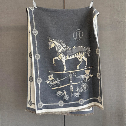 Pashmina Elegant Horse Print Shawl Wrap Women Luxury Cashmere Scarf Femme Thick Warm Blanket Stoles Long Blanket