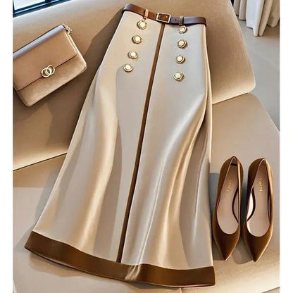Elegant Office Skirt Women Fashion Double-breasted with Belt