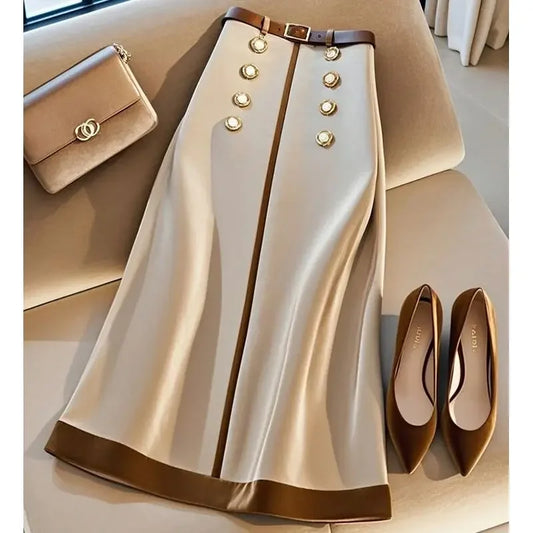 Elegant Office Skirt Women Fashion Double-breasted with Belt