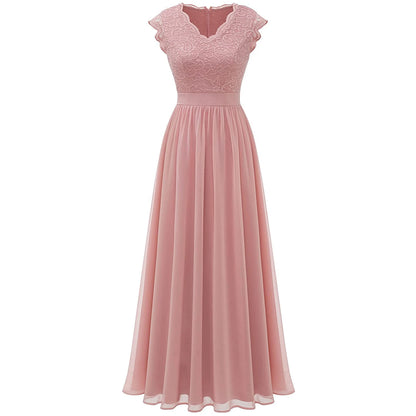 V Neck Sleeveless Lace Patchwork Chiffon Wedding Long Dress