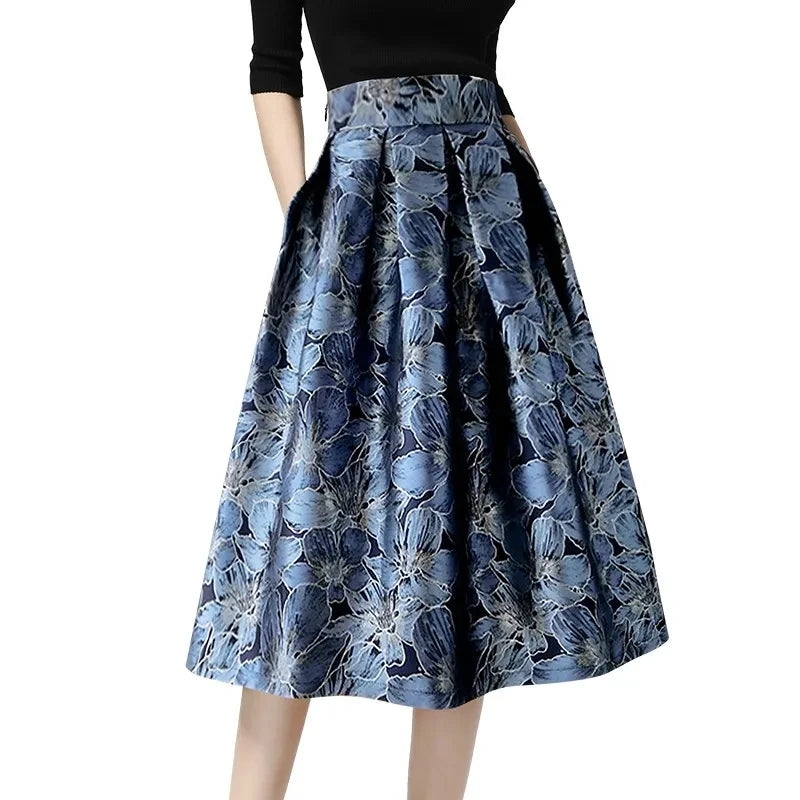 Blue Floral Print Vintage High Waist long skirt