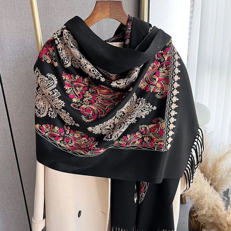 Cashmere Scarf for Women Floral Embroidery Pashmina Blanket Thick Shawl Wrap Neckerchief Elegant Lady Poncho Bufanda