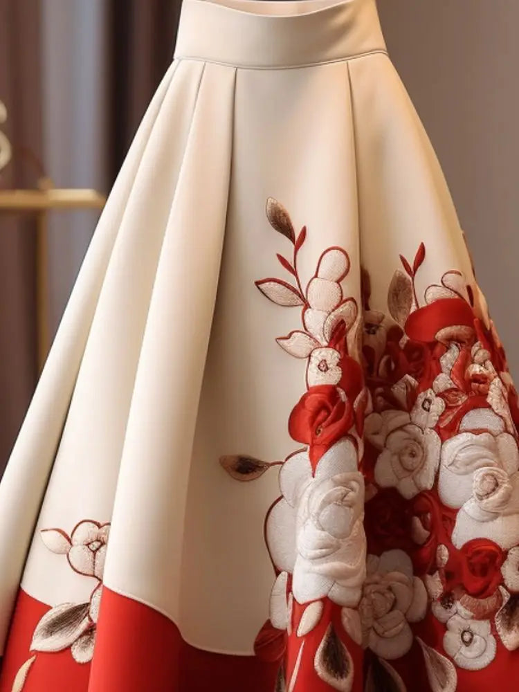 Vintage Red Flower Print Skirt